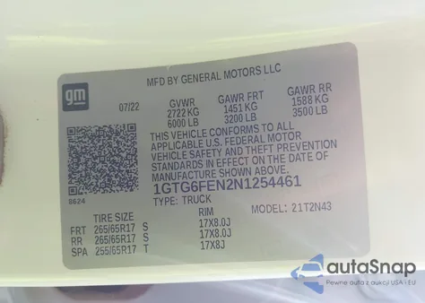 2022 GMC Canyon 4Wd Short Box At4 - Cloth z USA, uszkodzony, nr VIN 1GTG6FEN2N1254461